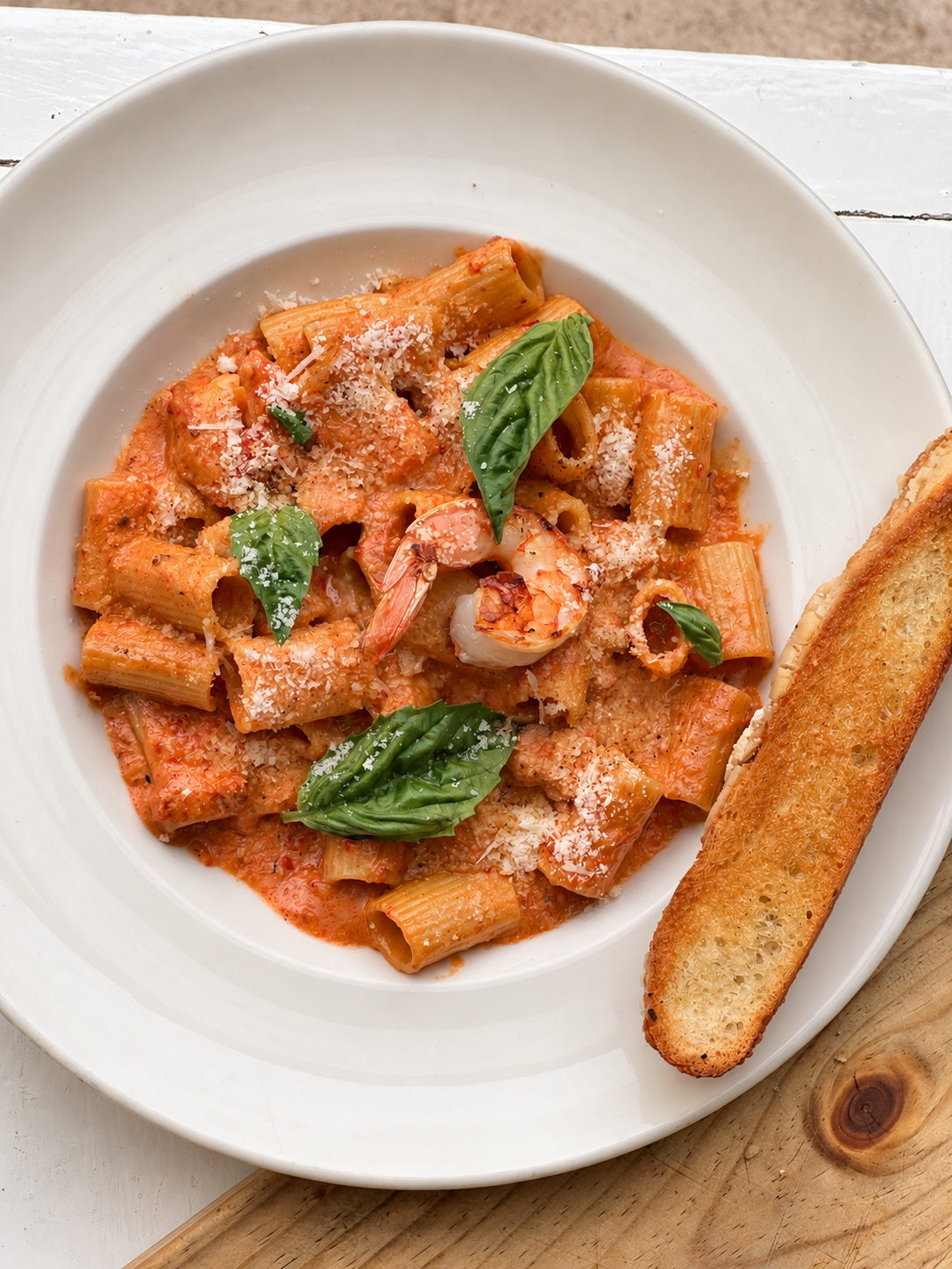 Rigatoni tres quesos con camarones.