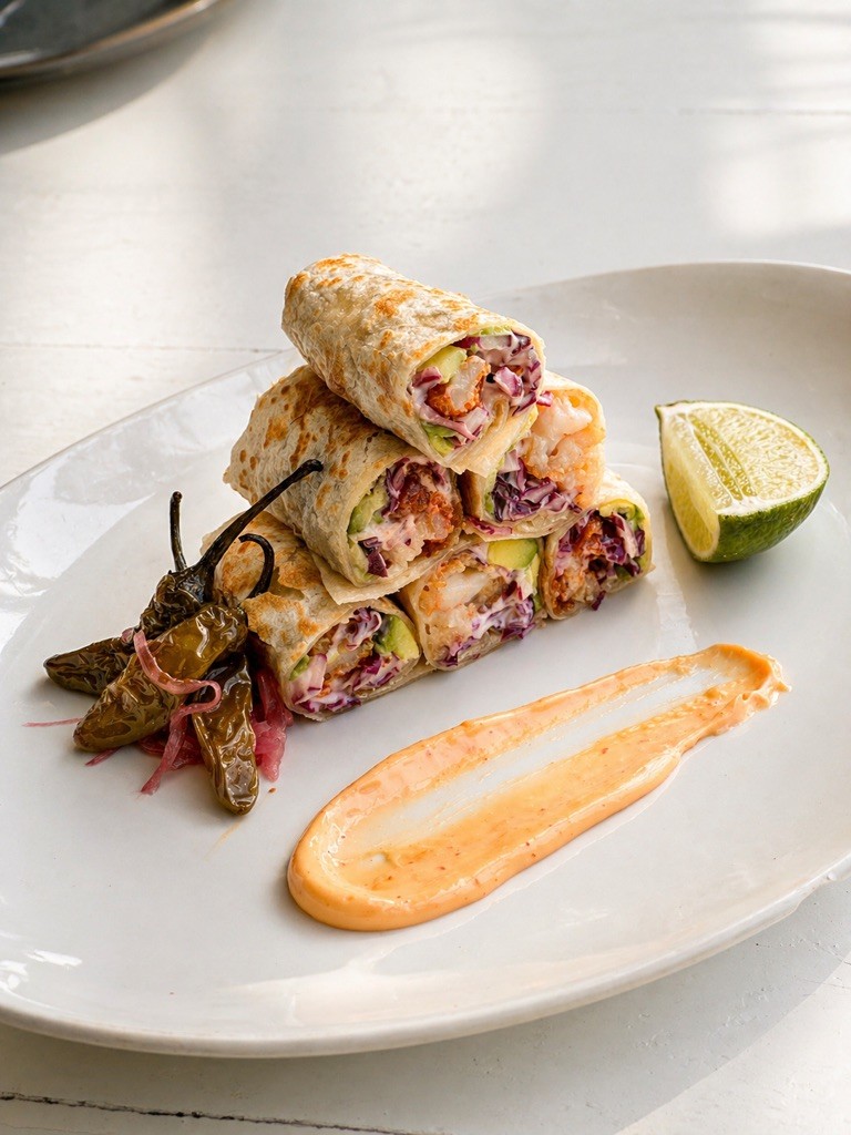 Tacos de camarón en tortilla de harina.