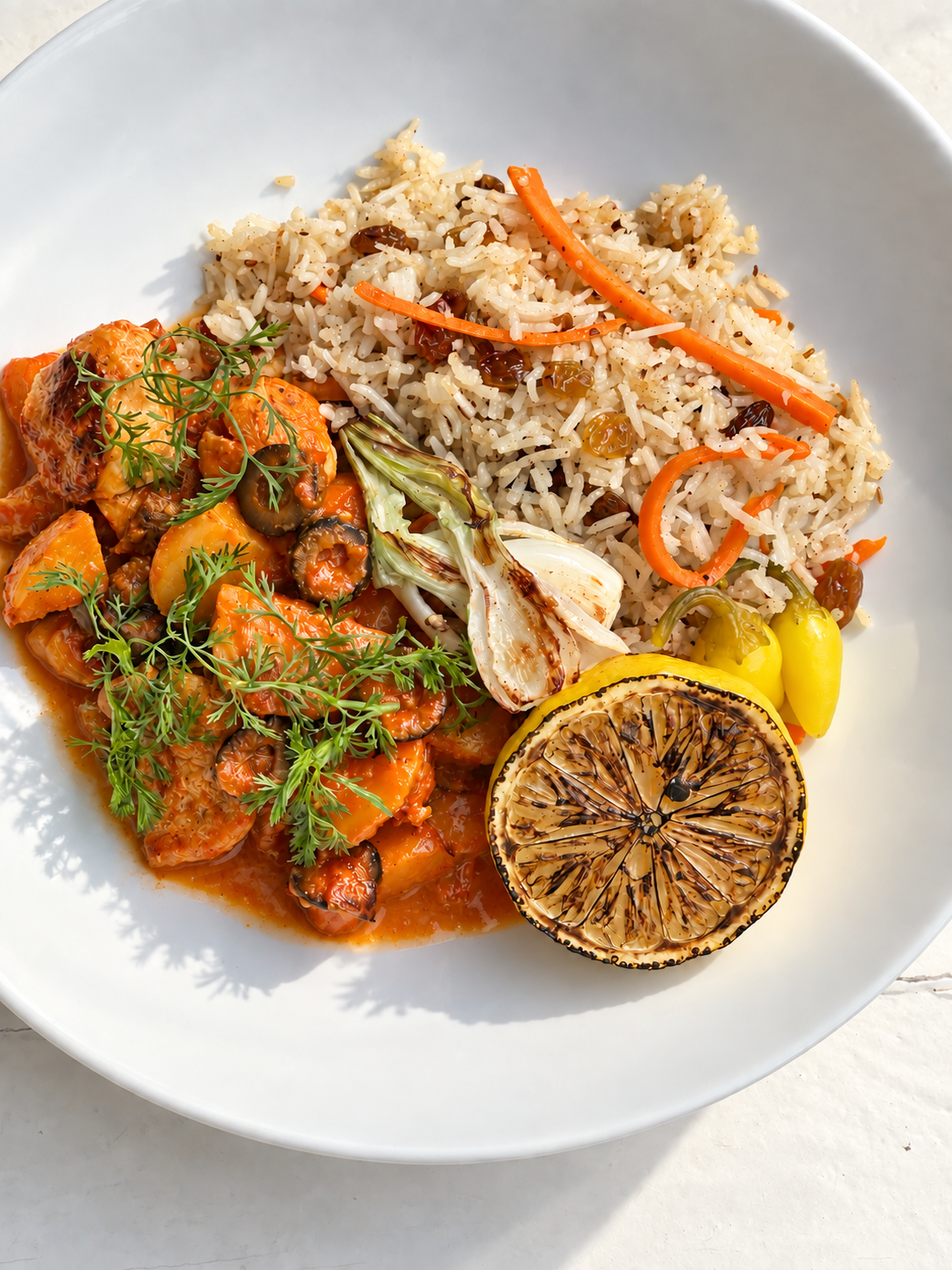 Arroz Afgani con estofado de pollo.